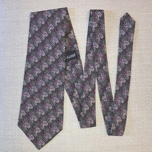Pierre Cardin silk tie, diagonal foulard print, gray & burgundy